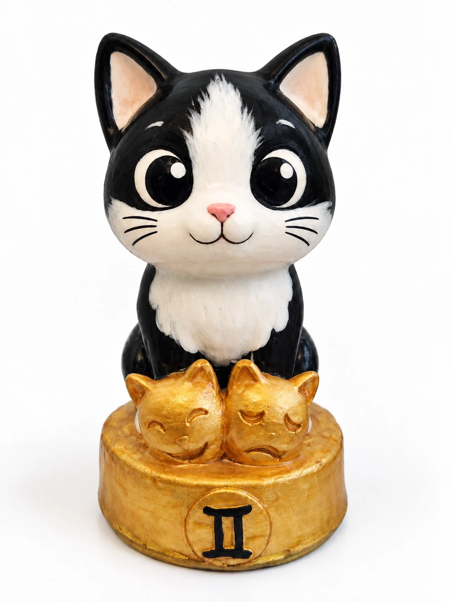 Gatriel Géminis negro y blanco, figura en yeso piedra pintada a mano